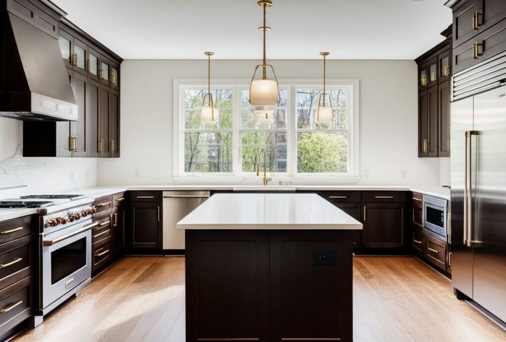 Luxurious modern kitchen remodel in Rosenberg with white quartz countertops and gold hardware
